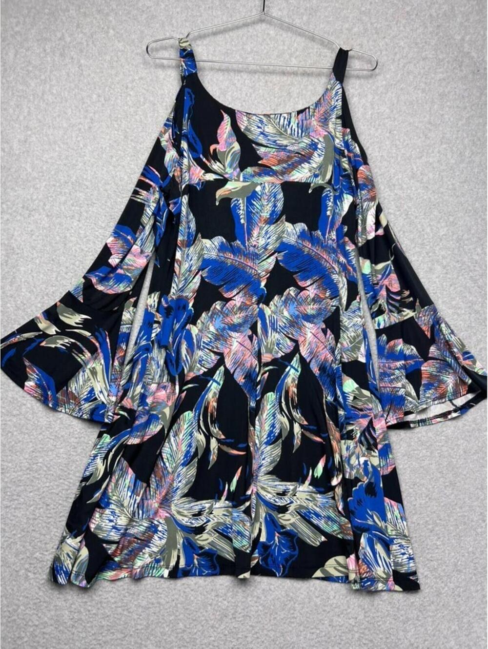 Karen Kane Cold Shoulder Bell Sleeve Dress Tropical Blue Pink Resort Coastal XL
